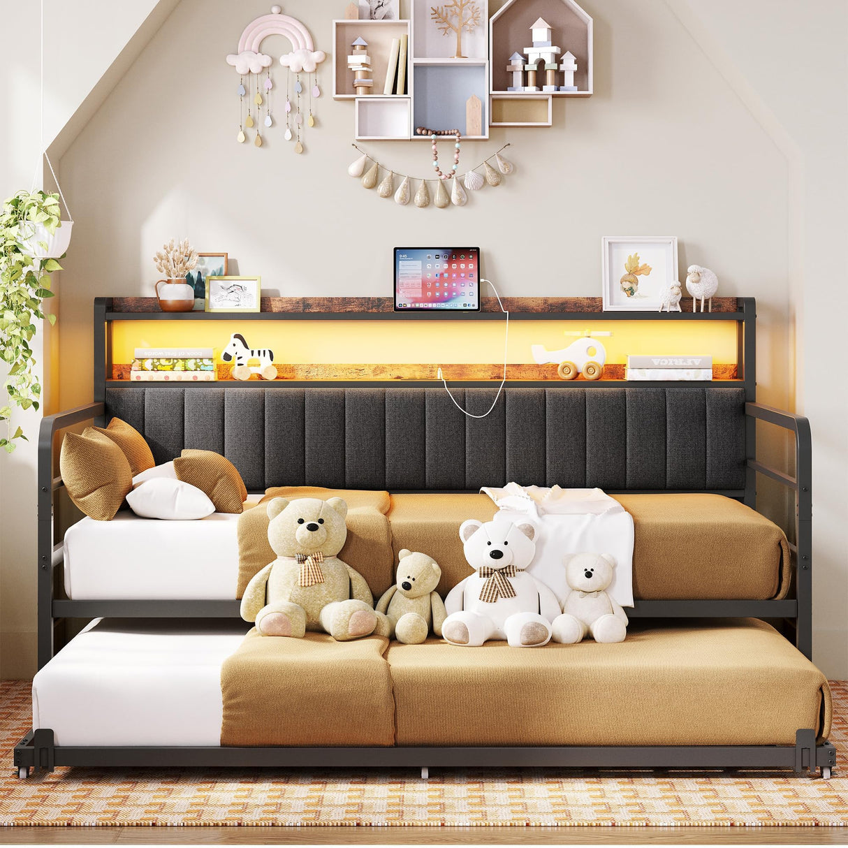 ANCTOR Daybed with Trundle, LED Lights and Charging Station, Full Size Daybed with 2-Tier Storage Shelves and Upholstered Headboard, Metal Sofa Bed Frame for Living Room, Bedroom, Black ANCTOR