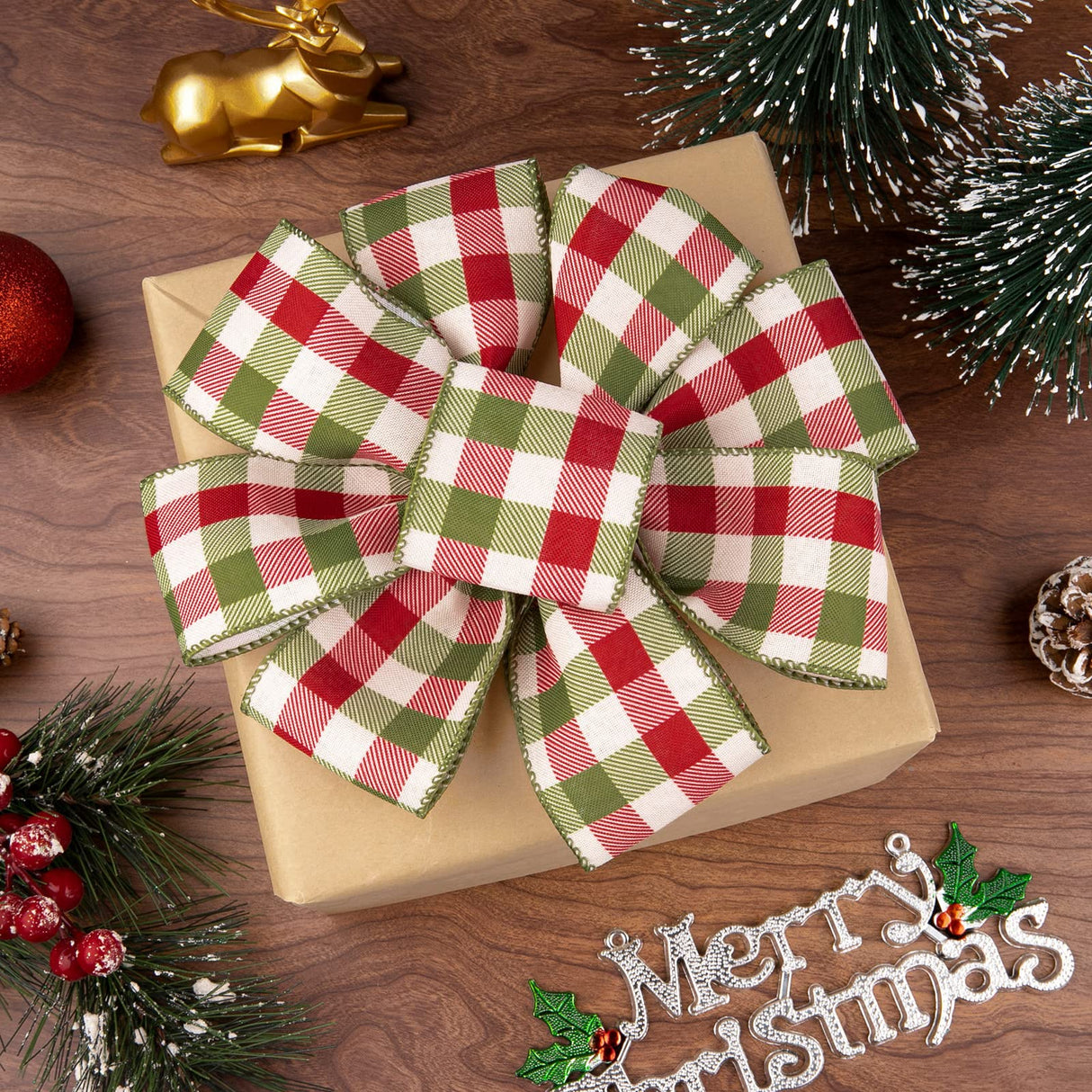 Whaline 2 Rolls Wired Edge Plaids Ribbon - Christmas Buffalo Check Red Green, 2.5 Inch Farmhouse Craft for DIY Gift Wrapping, Wreath, Xmas Tree Bow Decoration, 10 Yards Whaline