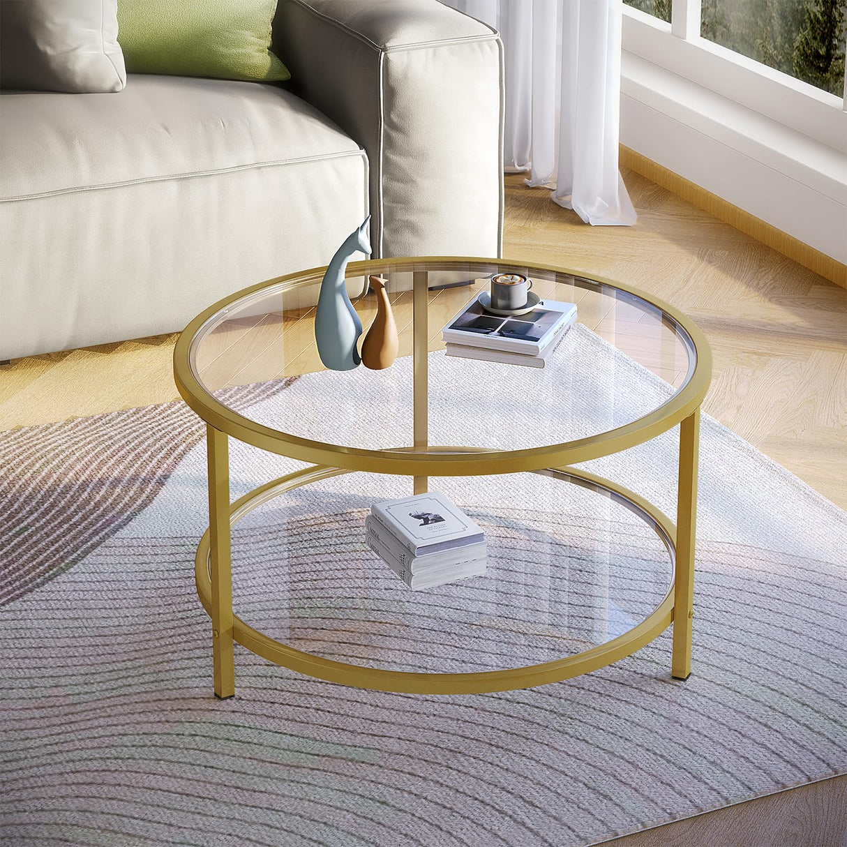 SAYGOER Round Glass Coffee Table 2 Tier Coffee Tables with Storage Shelf for Large or Small Space Modern Simple Center Table with Gold Frame for Living Room Home Office, Easy Assembly… SAYGOER