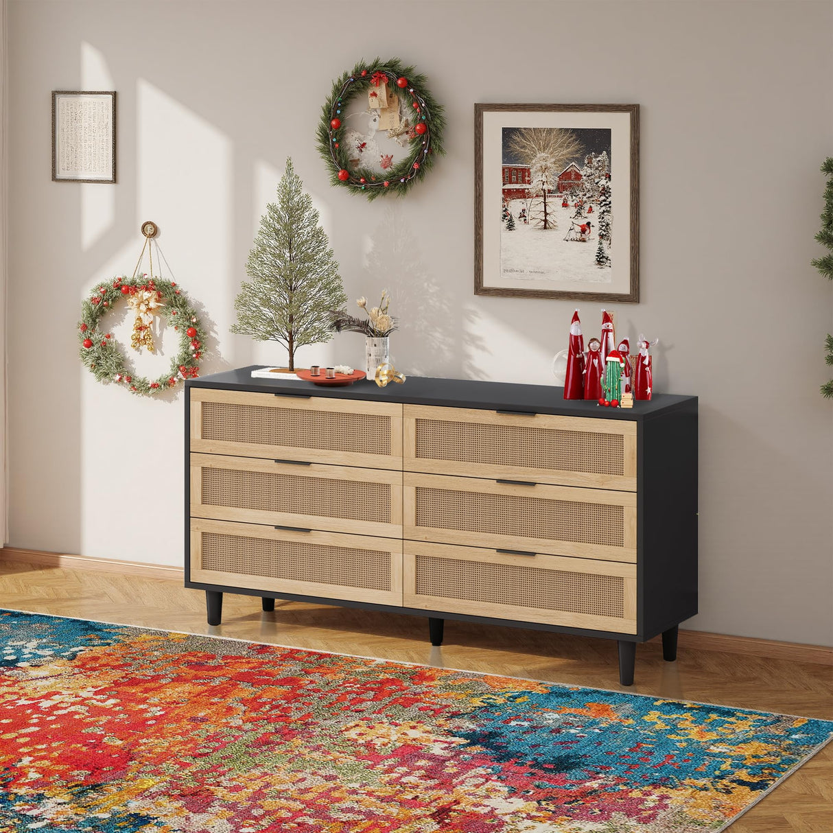 NTYUNRR Black Rattan Dresser, 6 Drawer Double Dresser for Bedroom, 59.06" Rattan Dresser for Closet, 6 Drawer Dresser Chest of Dressers Storage Cabinet with Metal Handles, TV Stands for Living Room, L NTYUNRR