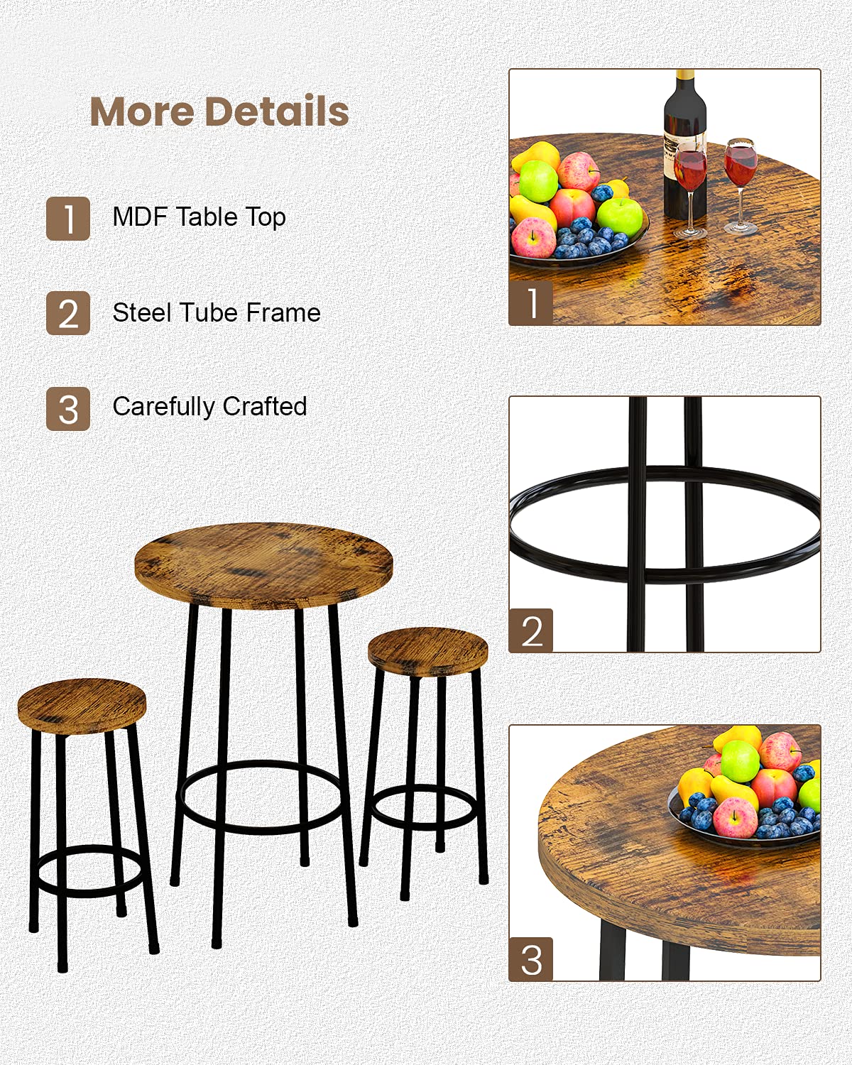 Recaceik 3 Piece Pub Dining Set, Modern Round bar Table and Stools for 2 Kitchen Counter Height Wood Top Bistro Easy Assemble for Breakfast Nook Living Room Small Space Restaurant, Rustic Brown 23 Recaceik