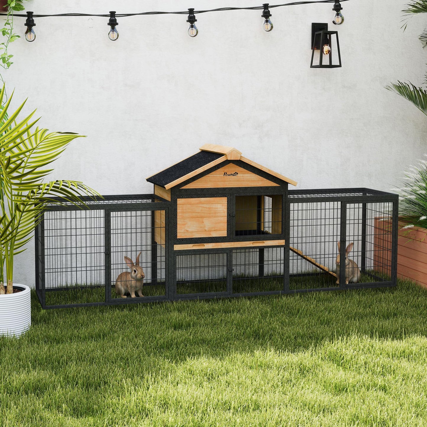 PawHut Rabbit Hutch Outdoor, 85" Large Wooden Bunny Cage with Steel Run, Removable No Leakage Tray, Waterproof Roof, Ramp, Metal Frame Guinea Pig Cage for 2-3 Small Animals Backyard Garden