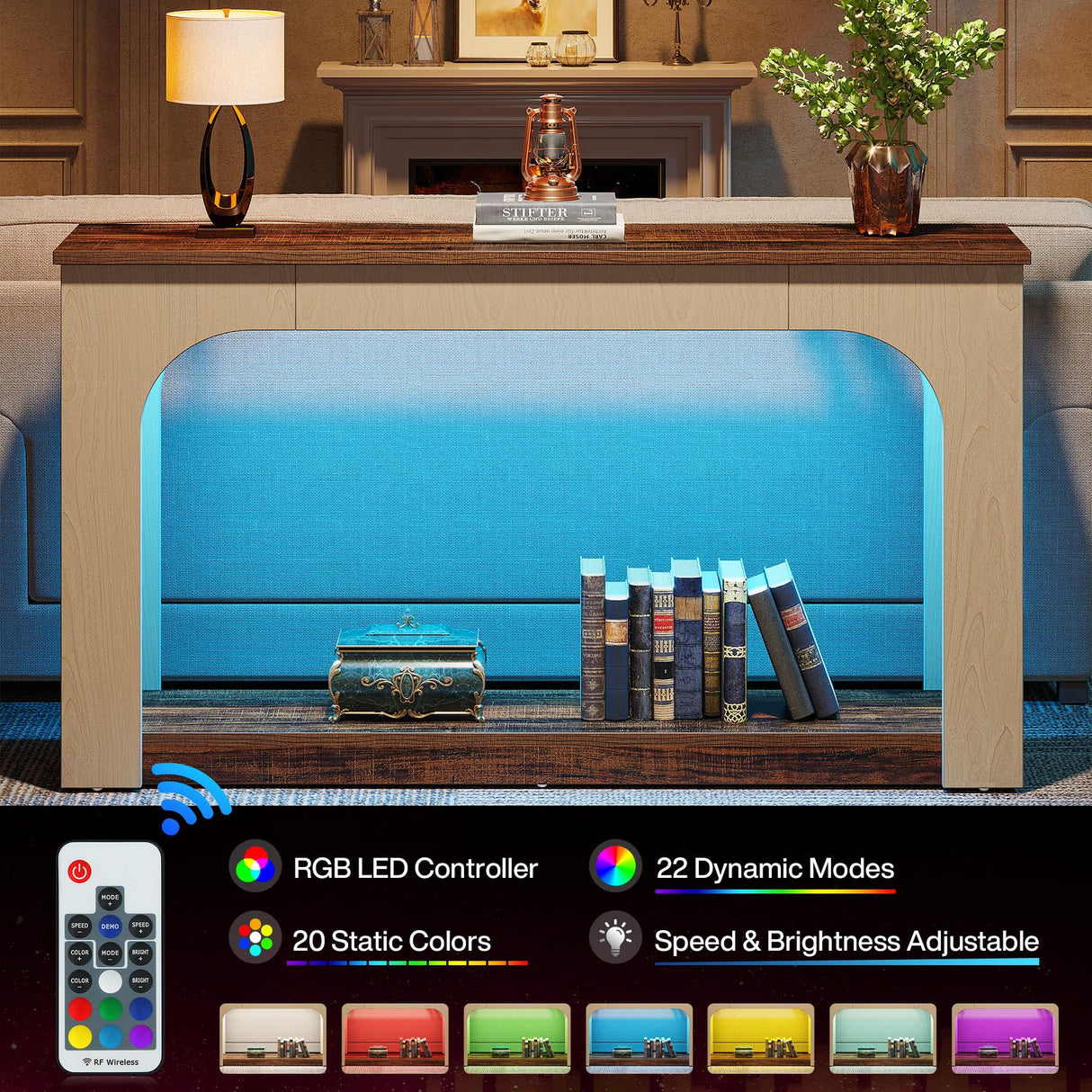 Tribesigns 55-Inch Console Table with LED Lights, Farmhouse 2-Tier Narrow Sofa Table with Storage, Wood Foyer Entryway Behind Couch Table for Living Room, Hallway, Entrance, Rustic Brown & Light Oak Tribesigns