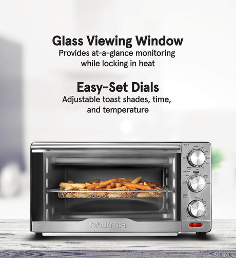 Gourmia GTF7350 6-in-1 Multi-function, Stainless Steel Air Fryer Oven - 6 Cooking Functions - Fry Basket, Oven Rack, Baking Pan & Crumb Tray, Included + Recipe Book Gourmia