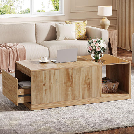 Tribesigns 47.24-Inch Coffee Table with Drawer & Storage Shelf, Farmhouse Coffee Table with Tawny Glass, Wood Center Table for Living Room, Modern Home Furniture, Brown & Tawny Tribesigns