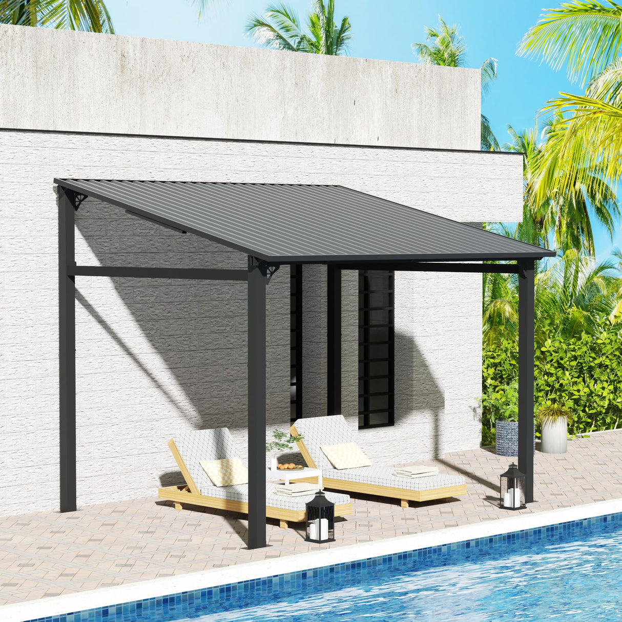 EBE 10' x 8' Hardtop Gazebo, Lean to Gazebos Outdoor Pergola with Galvanized Steel Roof, Wall Mounted Gazebo Pergola, Metal Awning for Patio, Decks, Backyard EBE