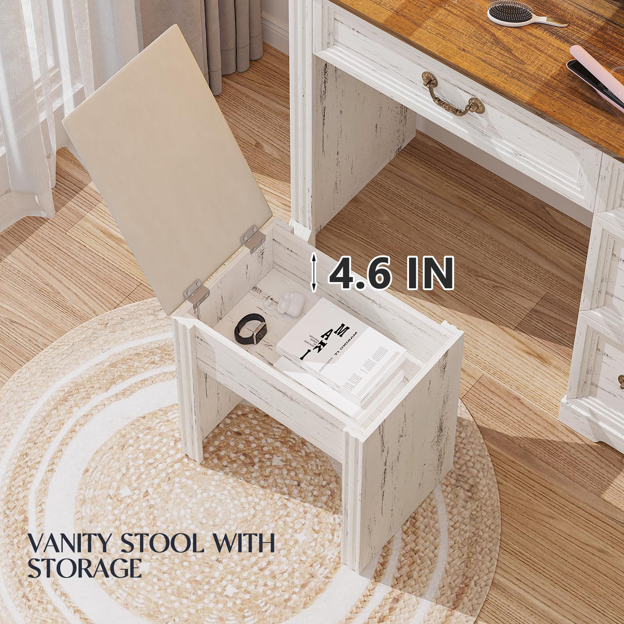 Lareth Vanity Desk 39 inch with Mirror Light and Power Outlet, Farmhouse Makeup Table Set with Stool, 3 Color Adjustable Lights Bedroom Dressing Table with 4 Drawer for Women Girls Teen, Antique White Lareth