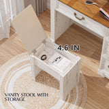 Lareth Vanity Desk 39 inch with Mirror Light and Power Outlet, Farmhouse Makeup Table Set with Stool, 3 Color Adjustable Lights Bedroom Dressing Table with 4 Drawer for Women Girls Teen, Antique White Lareth