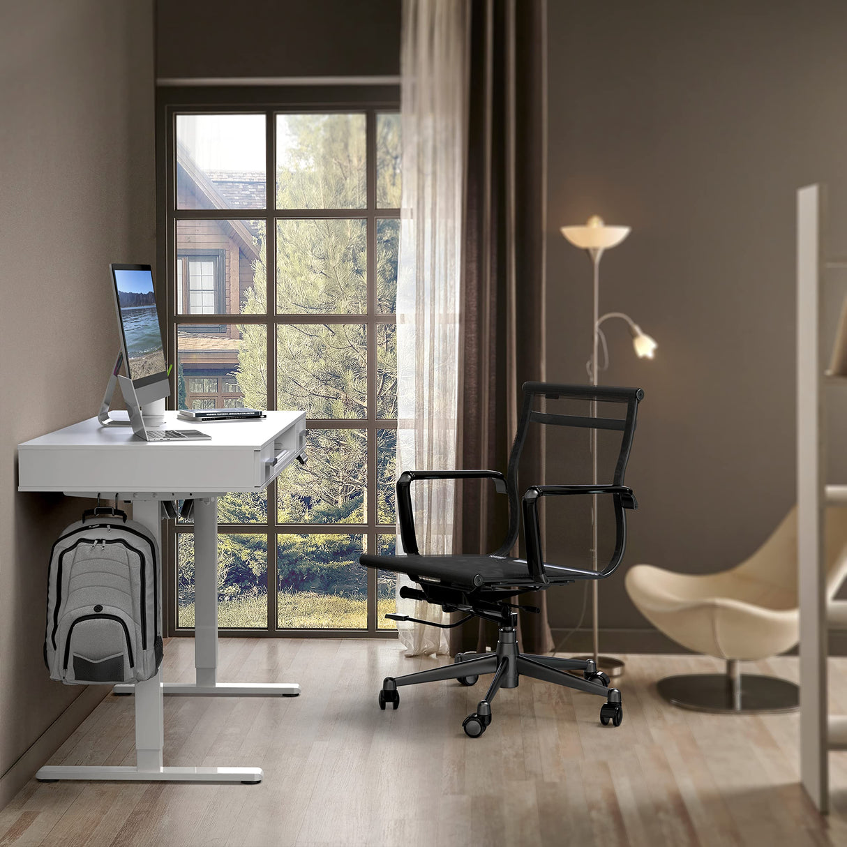 SHW 48-Inch Electric Height Adjustable Desk with Keyboard Tray and Two Drawers SHW