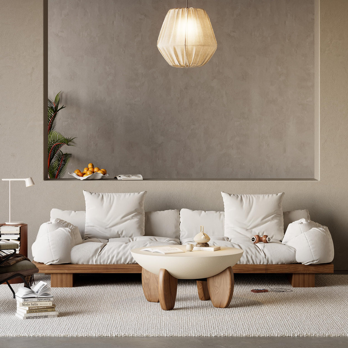 homary Round Concrete Coffee Table with Premium Walnut Ash Wood Legs, Modern Minimalist Cement Finish Center Table for Living Room homary