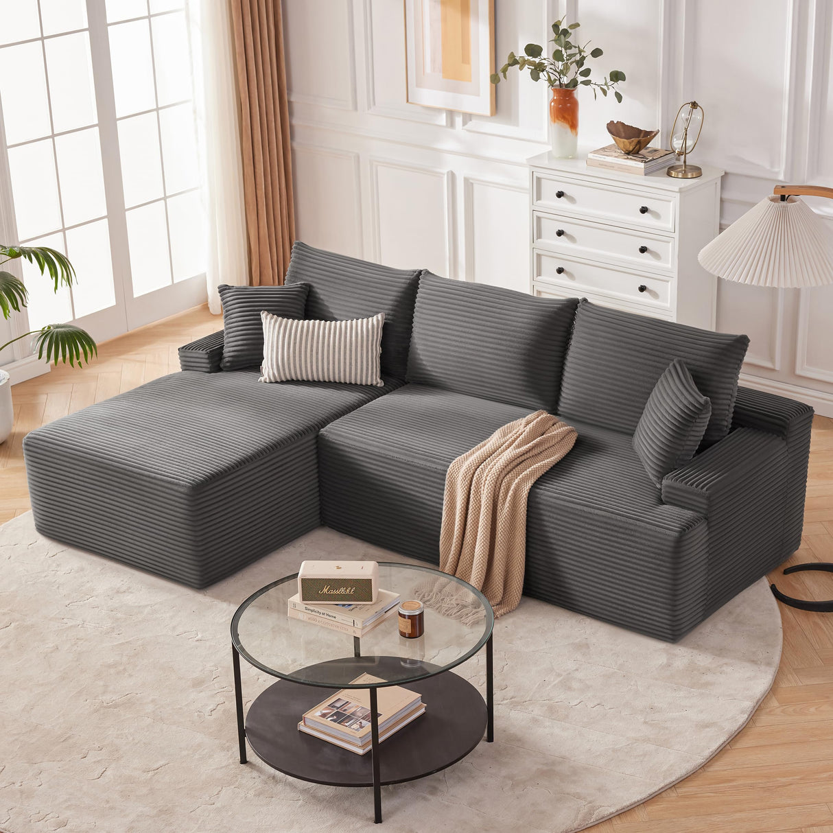 Mangodan Cloud Sectional Couch, Boneless Sofa for Living Room, Modular Sectional Sofa with Deep Seat, Fluffy Comfy Couch with L-Shaped Chaise, No Assembly Required, Dark Grey Mangodan