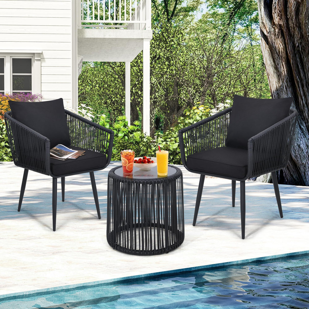 Kromax 3 Pieces Patio Rattan Bistro Conversation Set, Outdoor All-Weather Wicker Furniture Chairs and Side Table Set Ideal for Balcony, Porch and Backyard, Black Kromax