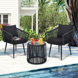 Kromax 3 Pieces Patio Rattan Bistro Conversation Set, Outdoor All-Weather Wicker Furniture Chairs and Side Table Set Ideal for Balcony, Porch and Backyard, Black Kromax
