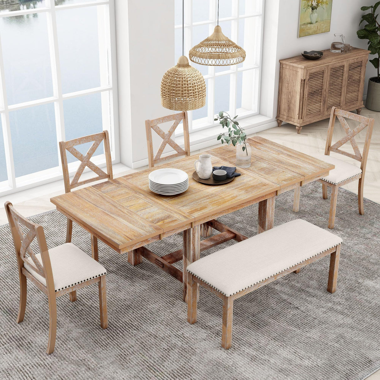 Linique 6-Piece Extendable Dining Table Set, Farmhouse Dining Table with Footrest, 2 Removable Leaf, 4 Upholstered Dining Chairs & 1 Bench, Natural+Beige Cushion Linique