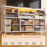 EnHomee Dresser TV Stand with 11 Drawers for 60" TV Stand for Bedroom with LED Lights & Power Outlets Long Dresser for Bedroom with Shelves & 4 Hooks Sturdy Metal Frame & Wood Top, White EnHomee