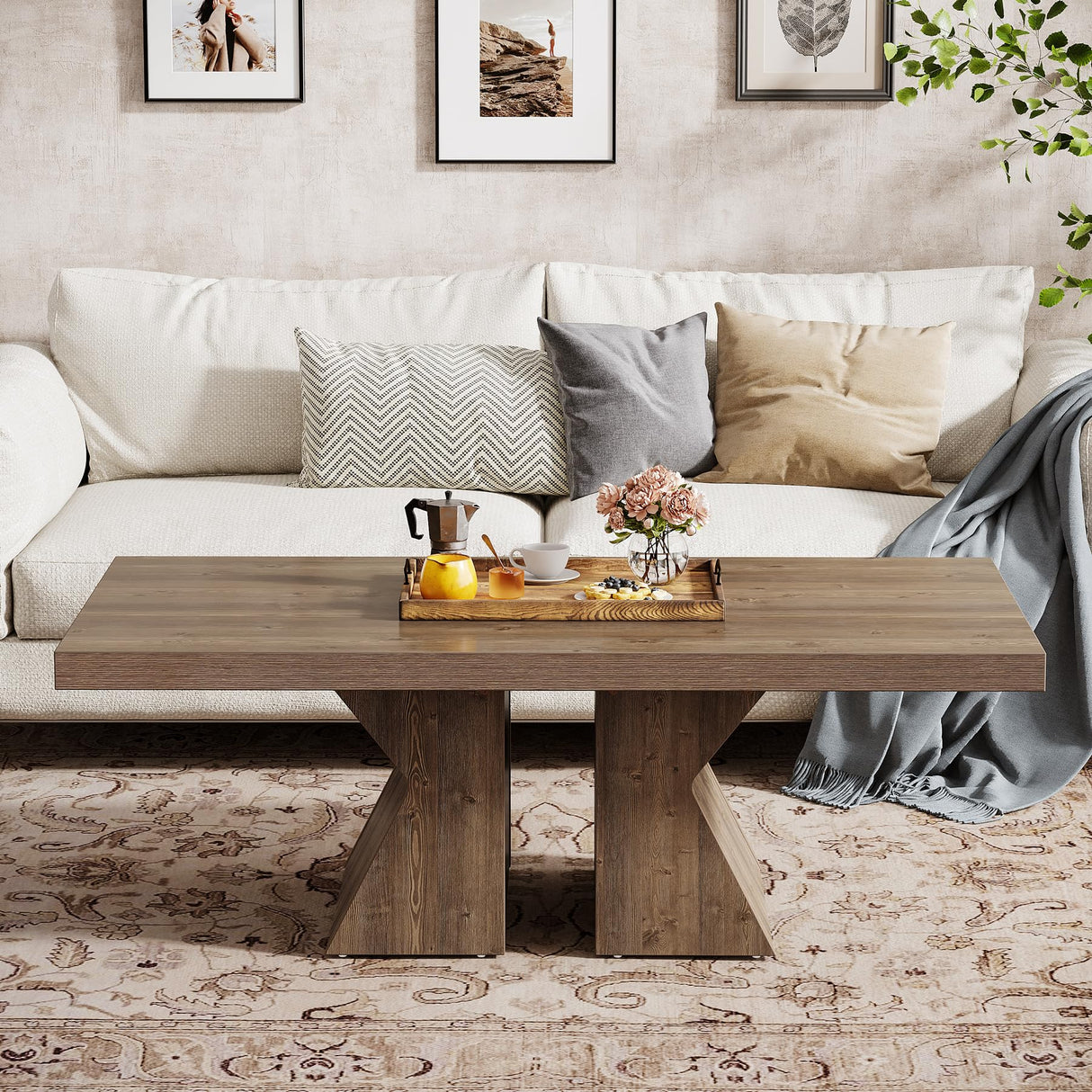 Tribesigns Wood Coffee Table, 47-Inch Rectangular Center Table with Thick Wooden Base, Farmhouse Wood-Look Cocktail Table for Living Room (Brown) Tribesigns