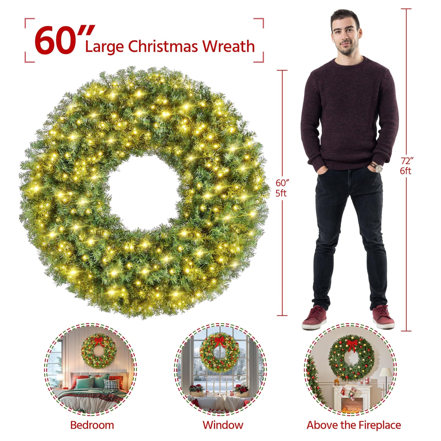 Yaheetech 60in Large Artificial Christmas Wreath, Pre-lit Holiday Accent Decoration with Red Bow, 300 LED Lights & 1026 PVC Tips, Metal Structure for Door Wall & Mantel