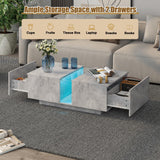 HedoAjim Grey Led Coffee Table for Living Room, Rectangular Living Room Table with Storage, Acrylic Coffee Tables with 2 Sliding Drawers, Wood Center Table for Reception Dinning Room HedoAjim