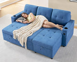 VanAcc Sofa Bed, Multi-Functional Sleeper Sofa with USB Charging Ports & Cup Holders, Pull Out Couch Bed with Storage Chaise, L-Shaped Couches for Living Room (Linen Blue) VanAcc