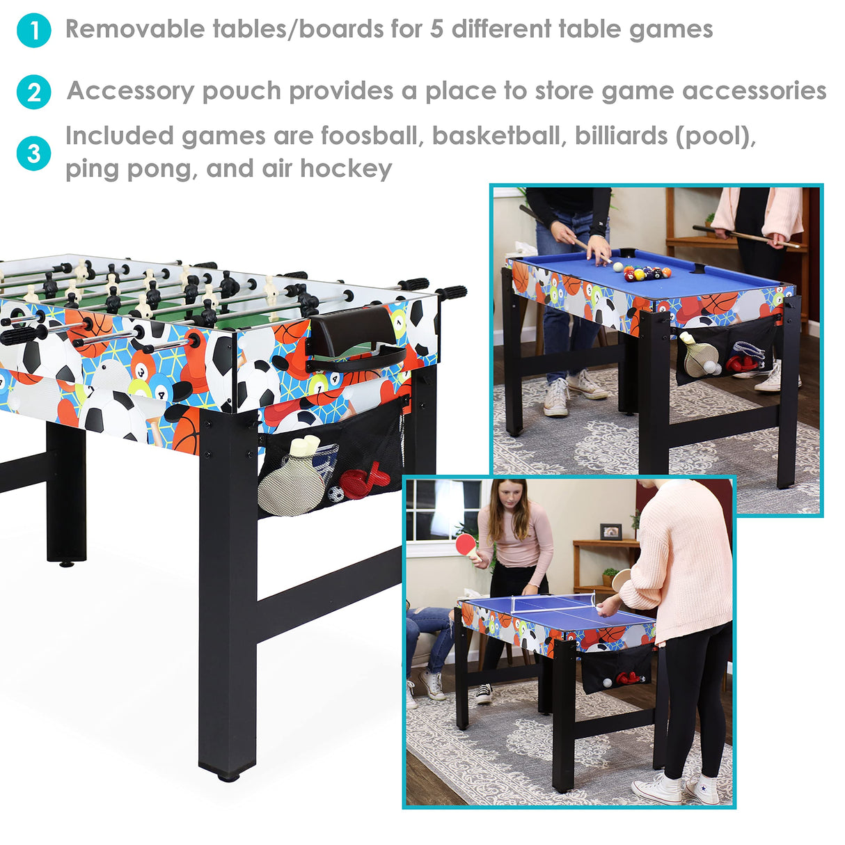 Sunnydaze 5-in-1 Multi-Game Table for Kids - Combo Game Table with Billiards, Push Hockey, Foosball, Ping Pong, and Basketball - 45-Inch - Multi-Color Sunnydaze