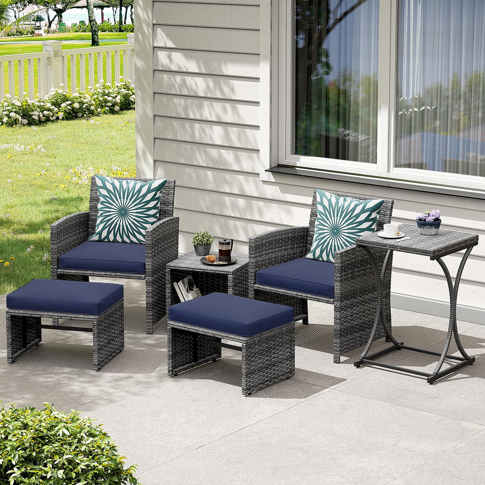 OC Orange-Casual 6 Piece Patio Furniture Conversation Set with Ottoman, Outdoor Grey Wicker Chair and Table Set, Balcony Furniture for Apartments, Navy Blue - WoodArtSupply