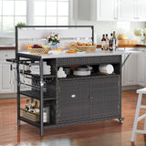 YITAHOME XL Outdoor Kitchen Wicker Island Rolling Cart & Storage Cabinet, Wheels and Stainless Steel Extended Table Top, Side Handle for Patio Kitchen or Bar Cart, Dark Brown YITAHOME