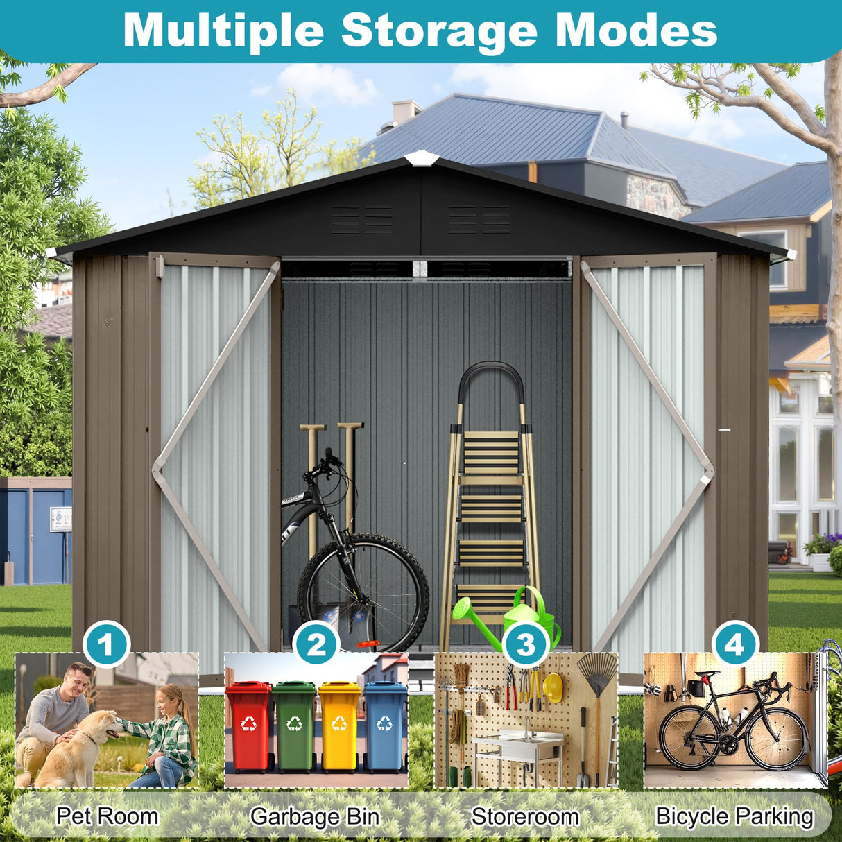 Lyngins 8x6 FT Outdoor Storage Shed, Metal Tool Shed with Lockable Doors, Peaked Roof & Frame Floor, Garden Shed with Vented Design for Backyard Garden Patio Lawn, Brown + Black Lyngins