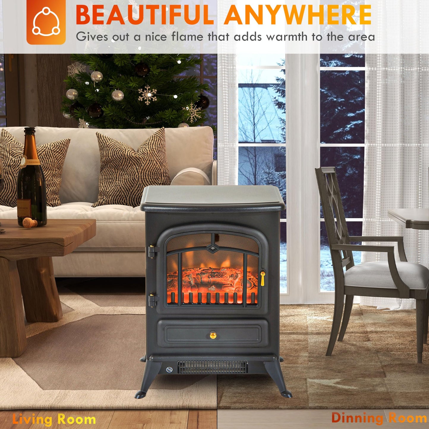 HOMCOM 22" Electric Fireplace Heater, Freestanding Fire Place Stove with Realistic LED Flames and Logs, and Overheating Protection, 750W/1500W, Black