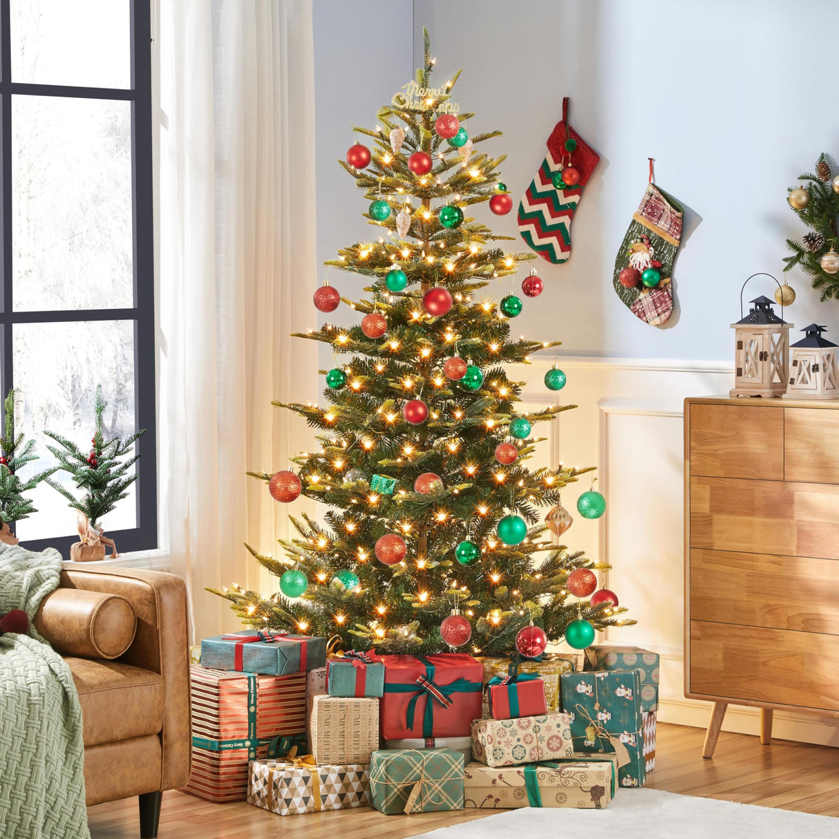 Yaheetech 6ft Pre-lit Aspen Fir Artificial Christmas Tree with 400 Incandescent Warm Lights Full Prelighted Xmas Tree w/828 Branch Tips & Foldable Stand for Home Holiday Decor, Green Yaheetech