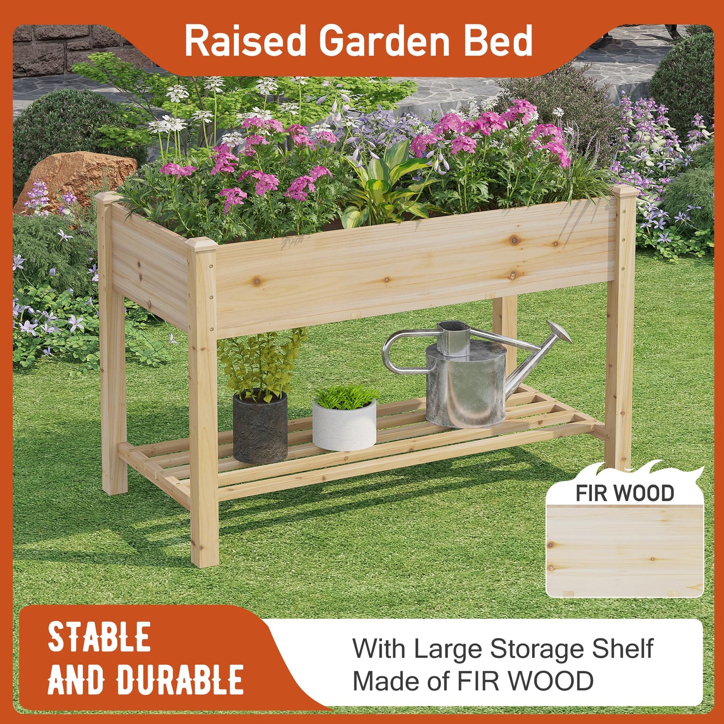 GHWIE Raised Garden Bed with Shelf,Elevated Wooden Planter Box with Legs,Garden Planter for Backyard, Patio, Balcony,200lb Capacity - Natural - WoodArtSupply