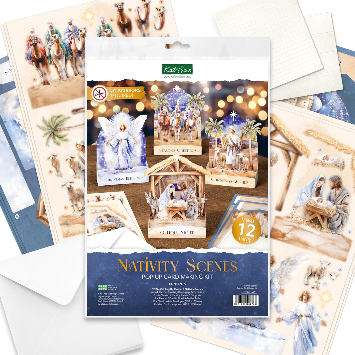 Katy Sue Nativity Scenes Pop Up Christmas Card Making Kit for Adults. Makes 12 Cards & Contains Nativity 3D Die-Cut Decoupage, Supports, Envelopes, Instructions & Foam Pads for Christmas Card Making Katy Sue