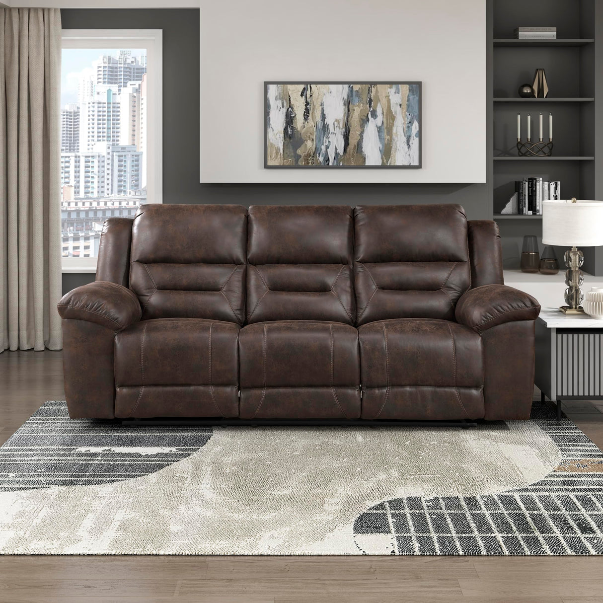 Lexicon Double Recliner Sofa for Living Room, Wall Hugger Manual Reclining Couch Sofa, Textured Microfiber Upholstered Dual Reclining Sofa, Home Theater Seating, Required Assembly, Dark Brown Lexicon