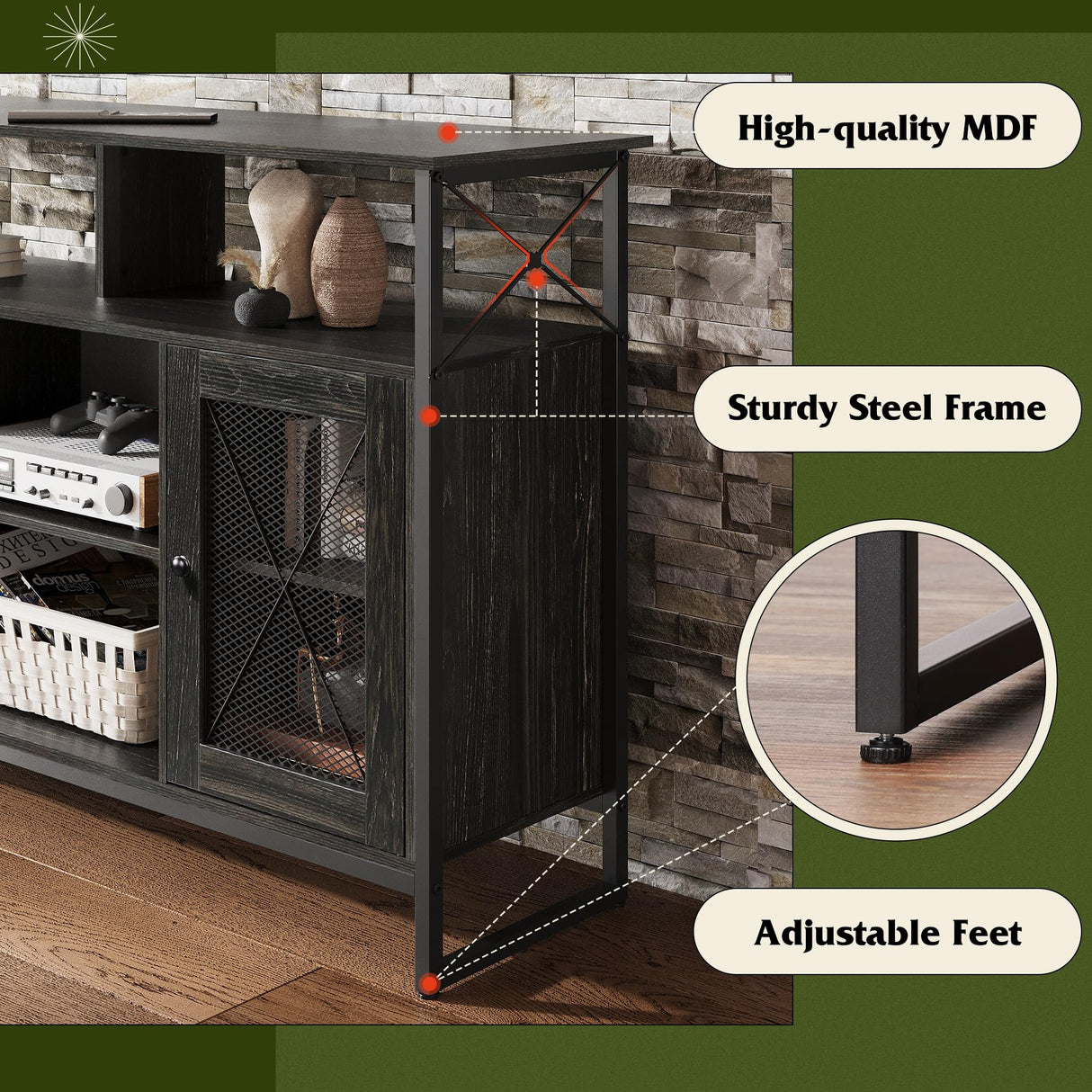 WLIVE TV Stand 55 inch TV,Tall Entertainment Center with Storage, Farmhouse Industrial TV Console for Bedroom Living Room, Charcoal Black WLIVE