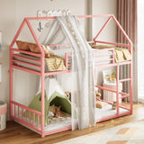 LIKIMIO Bunk Bed Twin Over Twin, House Bunk Bed Frame with Ladder and Guardrail, House Shaped with Metal Slats for Dormitory and Bedroom, Space Saving, No Box Spring Needed, Pink LIKIMIO