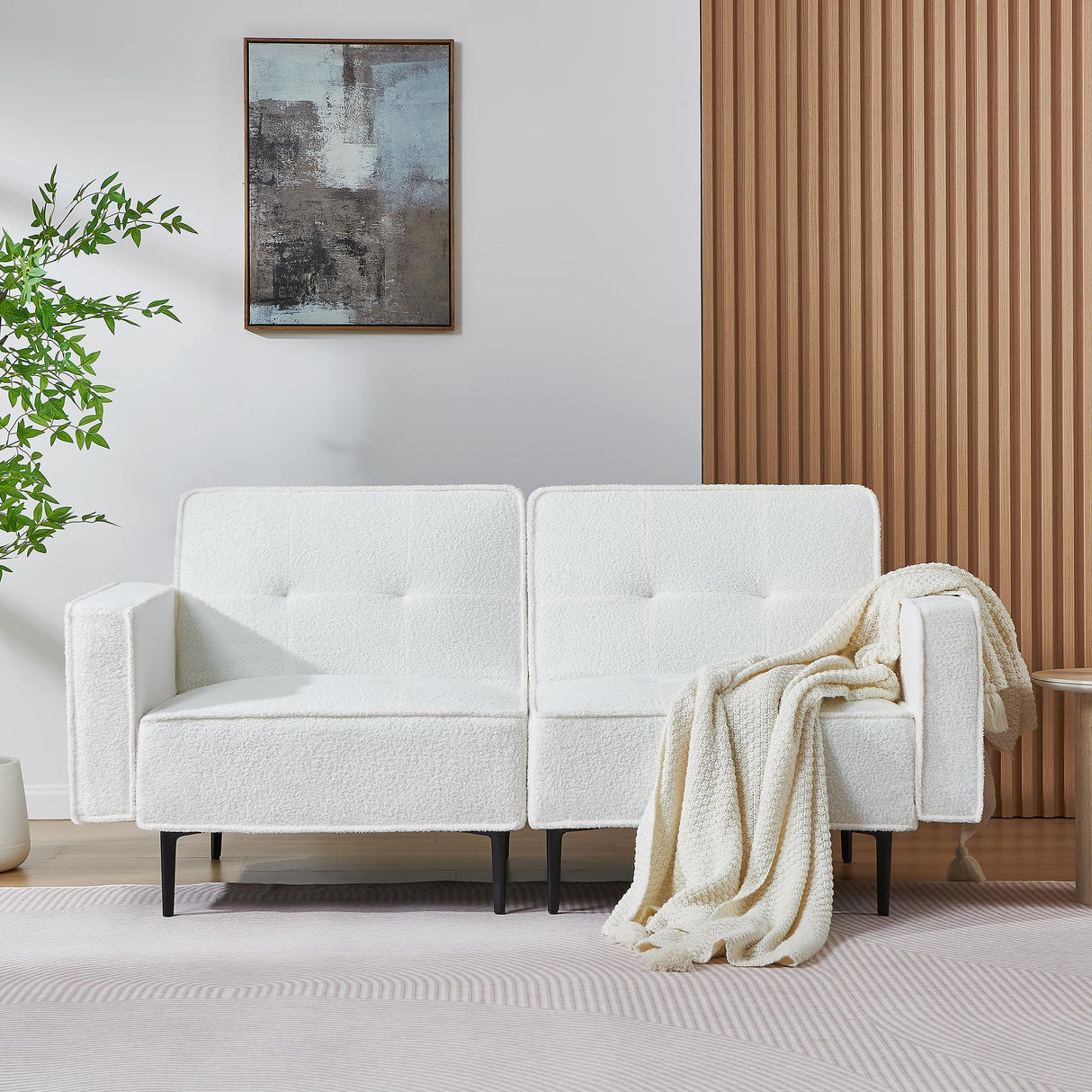 Furnify Small Loveseat for Living Room, 67" Sleeper Sofa Couch, Modern Futon with Adjustable Backrest, Comfy Two Seater Sofa for Bedroom Apartment Office, Teddy Fleece Fabric - White Furnify