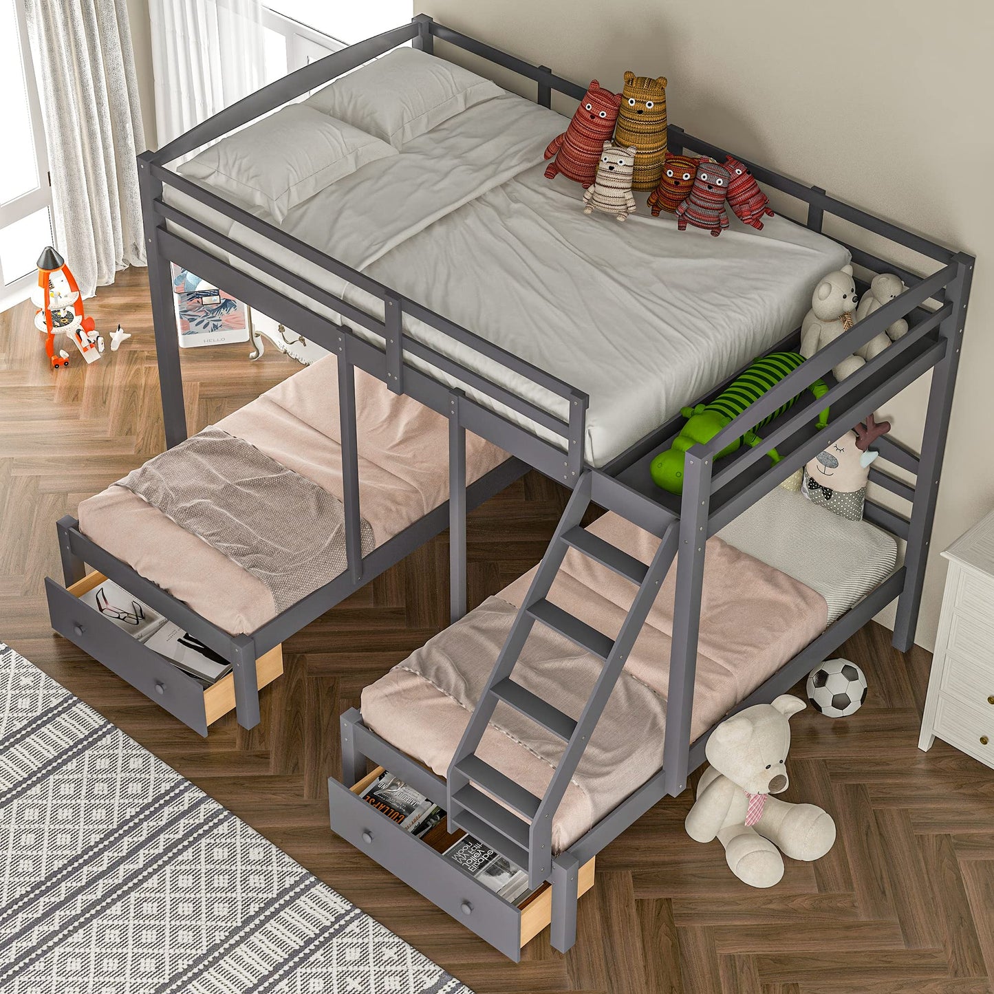 Wood Triple Bunk Beds with Storage Drawers, Full Over Twin & Twin Bunk Bed for 3, Multifunctional Bunk Bed Frame for Kids Teens Adults No Box Spring Needed (Gray)