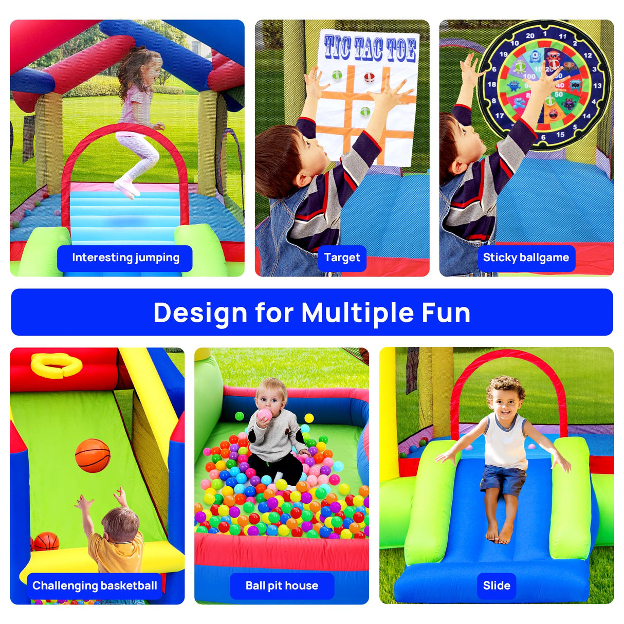 WELLFUNTIME Inflatable Bounce House with Slide, Jumping Castle with Blower and Ball Pool, Basketball Game, Dart Target Game WELLFUNTIME