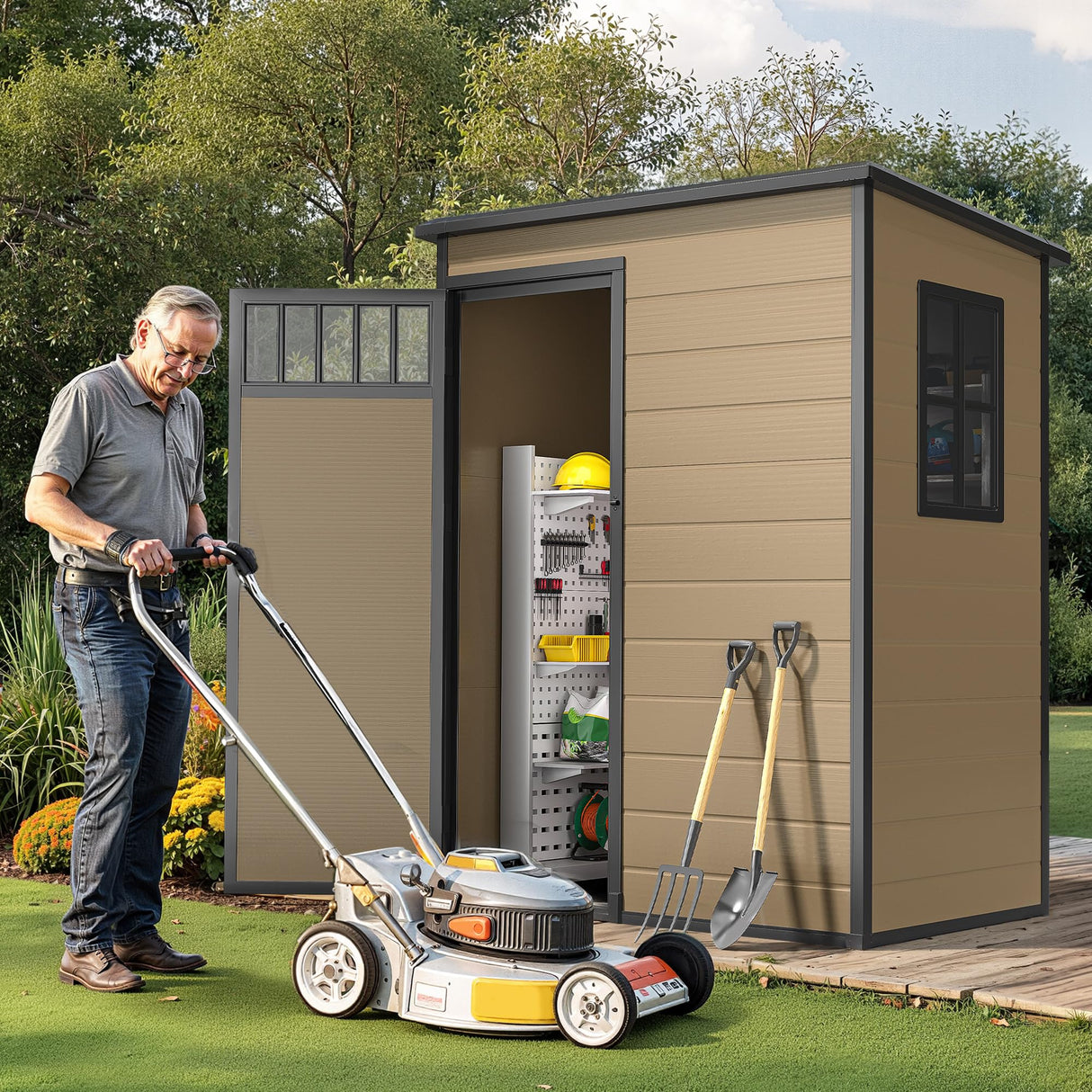 DWVO 5x3FT Outdoor Storage Shed, All-Weather Resin Plastic Storage Shed with Windows, Slanted Roof, Raised Floor, 65 cu.ft Capacity for Garden Tools & Equipment, Ideal for Backyard & Garden, Brown DWVO