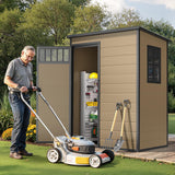 DWVO 5x3FT Outdoor Storage Shed, All-Weather Resin Plastic Storage Shed with Windows, Slanted Roof, Raised Floor, 65 cu.ft Capacity for Garden Tools & Equipment, Ideal for Backyard & Garden, Brown DWVO