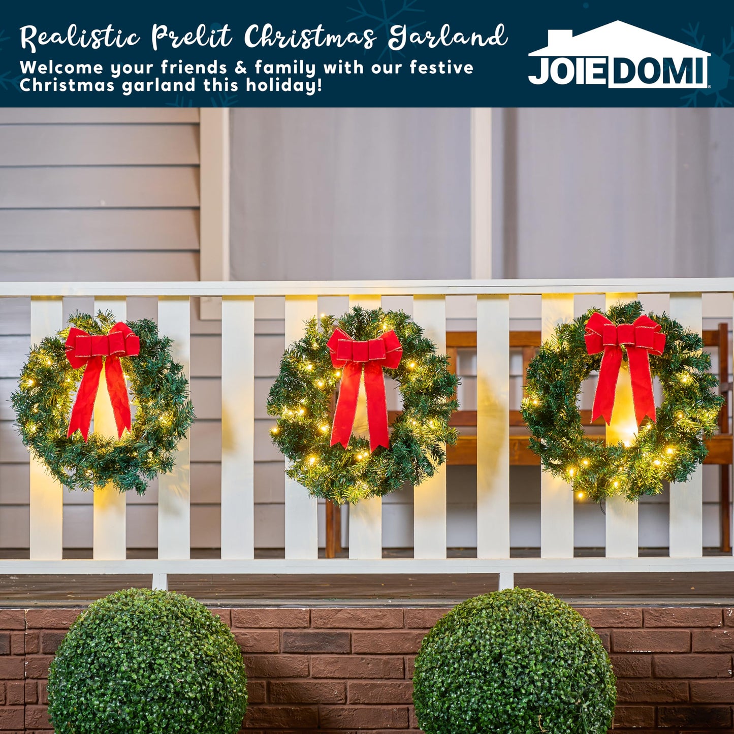 Joiedomi 19" Christmas Wreath with LED Lights with Ribbon, 3 Pcs Christmas Wreaths for Front Door, Windows, Living Room, and Indoor Outdoor Christmas Decorations Window Door Wreath