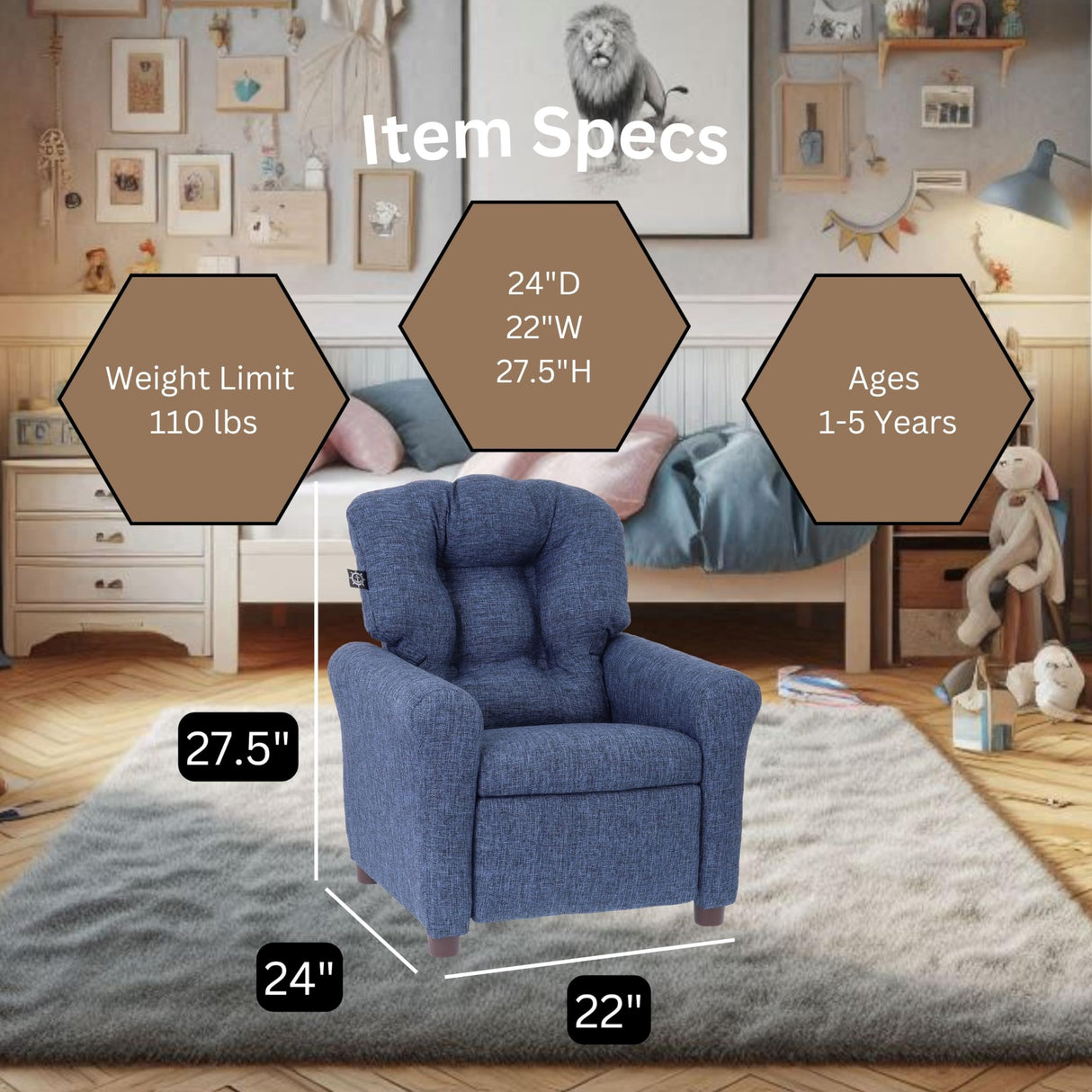 The Crew Furniture Traditional Kids Recliner, Toddler Ages 1-5 Years, Home Décor Polyester Linen, Sapphire The Crew Furniture