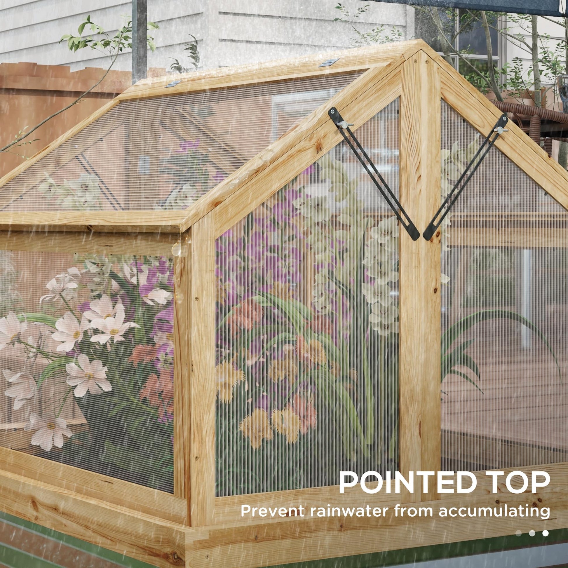 Outsunny Raised Garden Bed with Polycarbonate Greenhouse, Wooden Cold Frame Greenhouse, Garden Flower Planter Protection, Peak Roof, 35.5" x 31.5" x 36", Natural - WoodArtSupply