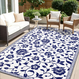 OLANLY Waterproof Outdoor Rug 5x8 ft, Outdoor Plastic Straw Rug with Flower Pattern, Reversible RV Mat for Patio, Camping, Balcony, Deck, Backyard, Navy & White OLANLY