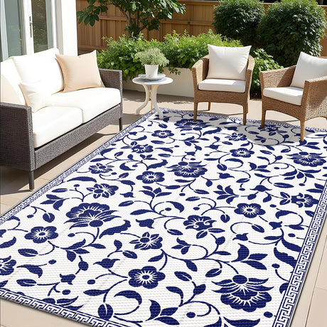 OLANLY Waterproof Outdoor Rug 5x8 ft, Outdoor Plastic Straw Rug with Flower Pattern, Reversible RV Mat for Patio, Camping, Balcony, Deck, Backyard, Navy & White OLANLY