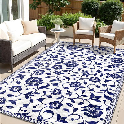 OLANLY Waterproof Outdoor Rug 5x8 ft, Outdoor Plastic Straw Rug with Flower Pattern, Reversible RV Mat for Patio, Camping, Balcony, Deck, Backyard, Navy & White