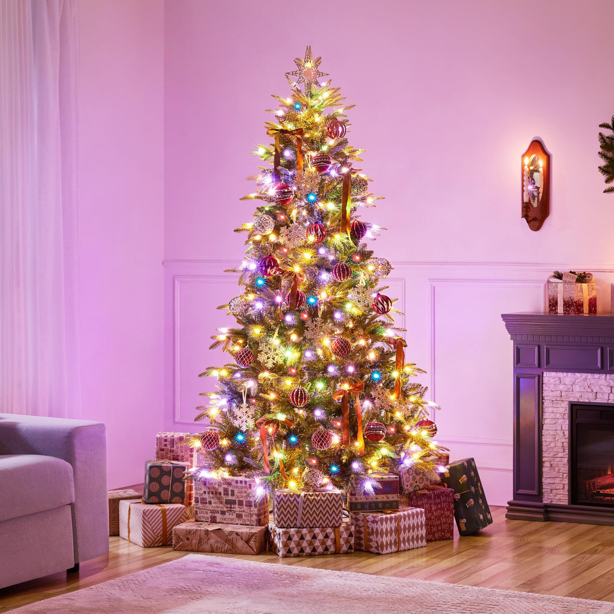 Yaheetech 6ft Pre-Lit Aspen Christmas Tree with 350 Multicolored LED Lights, 1576 PE & PVC Branch Tips, 9 Light Modes Lighted Artifical Noble Fir, Holiday Décor, Foldable Metal Stand Yaheetech