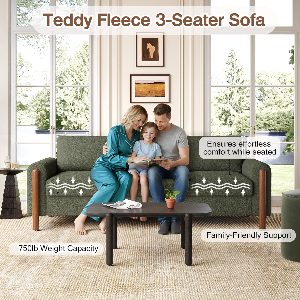 Merax 83.86" 3-Seater Sofa, Curved Armrest with Integrated Solid Wood Legs, Teddy Velvet Fabric, High Weight Capacity (250 lbs/seat), Durable Solid Wood Frame,Green Merax