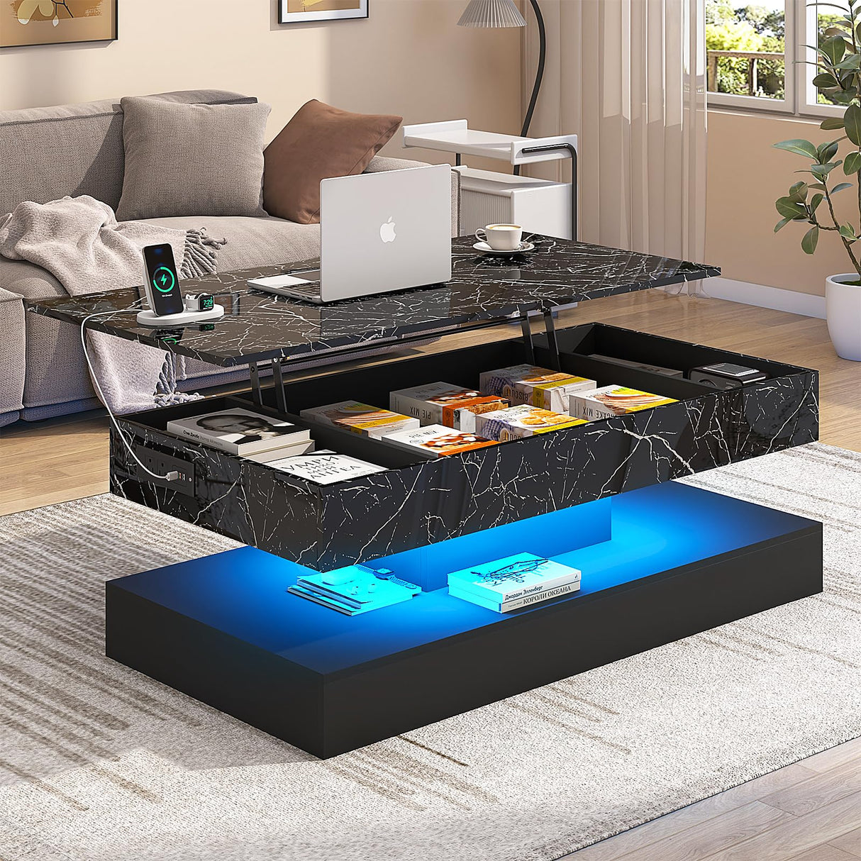 chartustriable 47.2" Large Lift Top Coffee Table with Charging Station, LED Modern High Glossy Center Table with Hidden Compartment Storage, White Lift Living Room Tables with Marbling Print, Black chartustriable