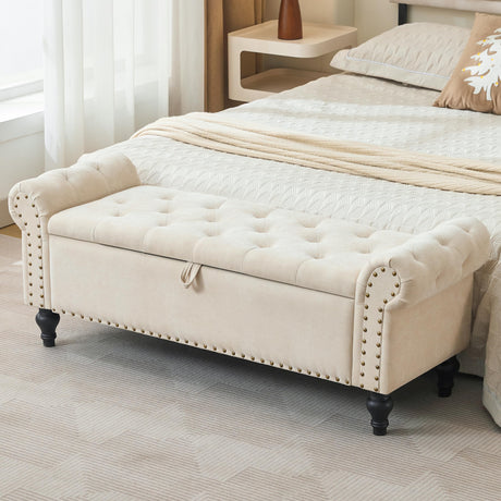 Howjoe 51" Bedroom Storage Bench, End of Bed Bench with Storage, Chenille Upholstered Benches, Ottoman with Storage, Window Benches with Rolled Arm and Nailhead Trim for Living Room, Entryway, Beige Howjoe