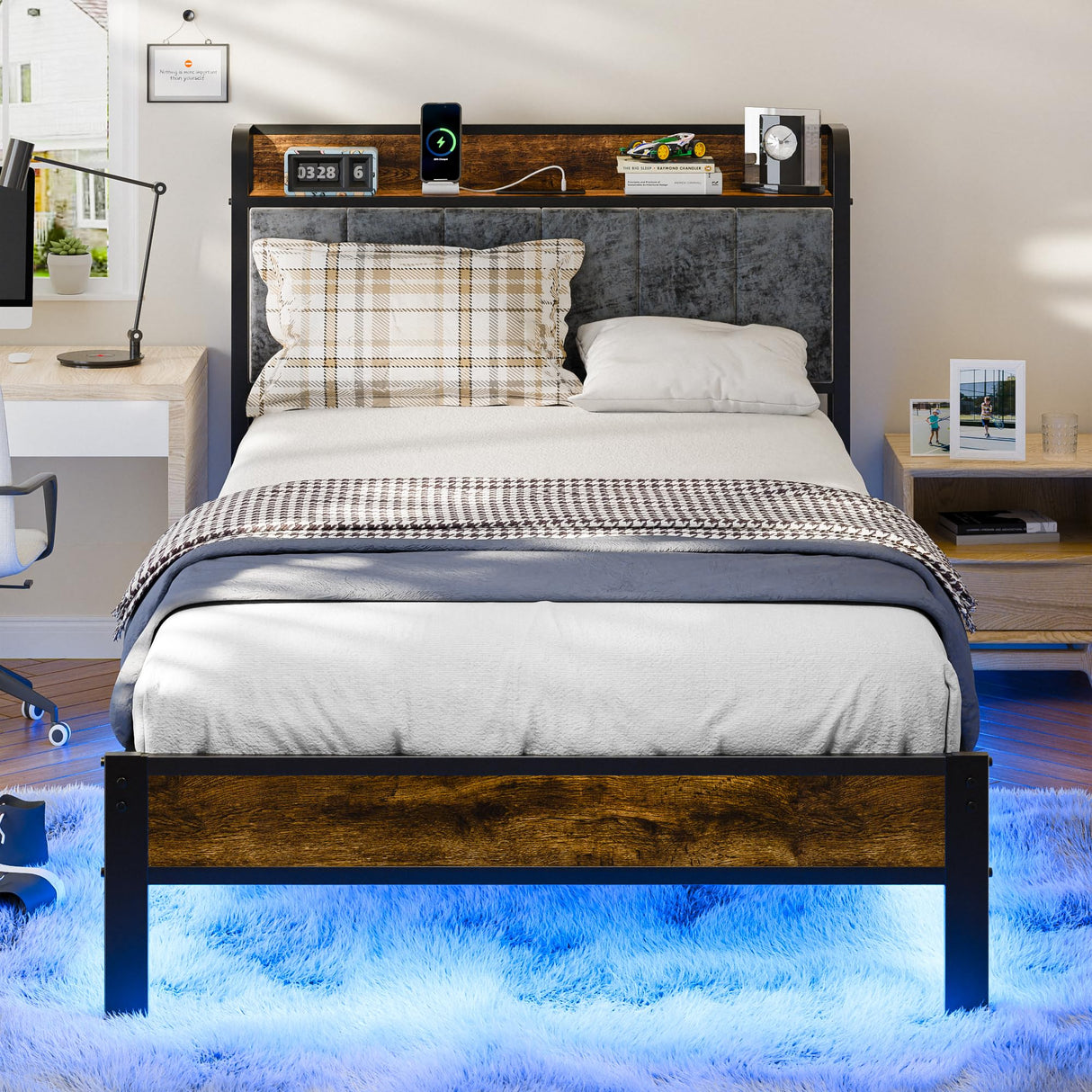 Twin Bed Frame with Smart LED Lights, Storage Headboard and USB Charging Station, Metal Platform Bed Easy Assembly, Noise Free, No Box Spring Needed Liians